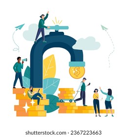 Getting money from the tap, water consumption, money for water. Funding of creative projects. People, business loaders - a successful team, savings. Vector illustration, business on a white background