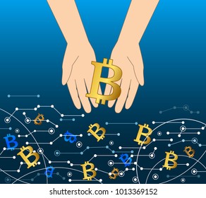 Getting money from virtual flow, business bitcoin concept. Hand holding bitcoin coin. Vector Illustration