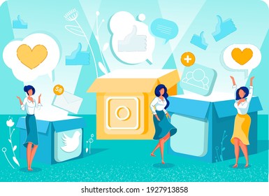 Getting More Followers and Subscribers. Three Young Women Bloggers Unpacking Boxes with Social Networks Icons, Being Pleasantly Surprised and Happy with Number Nice Comments, Likes and Thumb Ups.