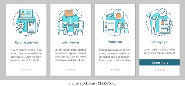 Getting new job process onboarding mobile app page screen with linear concepts. Resume creation, job interview, probation steps graphic instructions. UX, UI, GUI vector template with illustrations