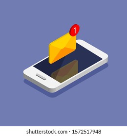 Getting new letter. Smartphone and envelope in trendy isometric style. E-mail, email marketing, internet advertising concepts. Vector illustration.