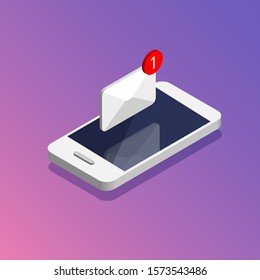 Getting new letter. Smartphone and envelope in trendy isometric style. E-mail, email marketing, internet advertising concepts. Vector illustration.