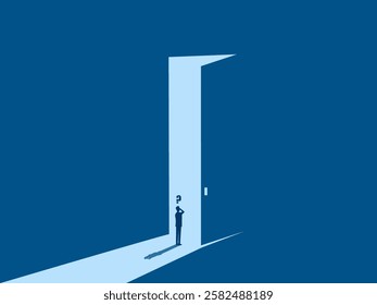 Getting new opportunities, people standing confused at the big door with light