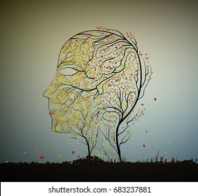 getting older concept, woman age decease idea, skin is getting old, face of autumn, human face profile building from small colored leaves and tree branch growing on soil, vector,