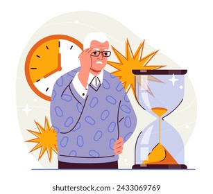 Getting older man concept. Elderly person stands in glasses near hourglass. Pensioner with moving of time. Dementia and alzheimer. Cartoon flat vector illustration isolated on white background