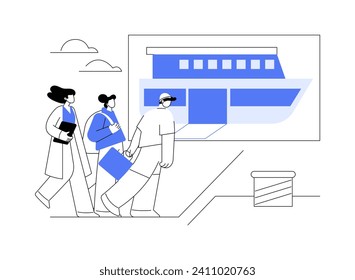 Getting on a boat abstract concept vector illustration. Group of diverse people board the ferry, water taxi passengers, commercial water transportation, sea transport abstract metaphor.