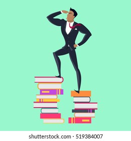 Getting on top of knowledge vector concept. Flat design. Man character in business suit standing on pile of books. Self-education and literature reading concept. On green background. 