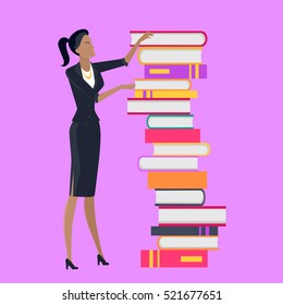 Getting on top of knowledge vector concept. Flat design. Woman character in business clothes standing near huge pile of books. Self-education and literature reading concept. On violet background.