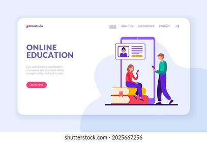 Getting Online Education. Remote Learning Using Digital App And Gadgets. Access To University And School Web Library With Webinars. Certified Electronic Diploma. Vector Landing Page Flat Banner