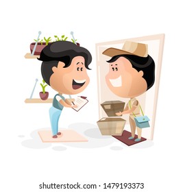 Getting an order from a courier. Client sings delivery documents. Smiling courier gives delivered carddboard boxes in the doors. Vector illustration in cartoon style