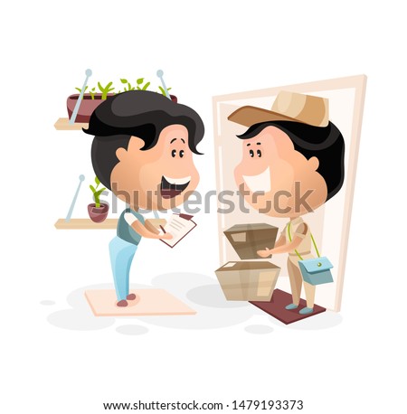 Getting an order from a courier. Client sings delivery documents. Smiling courier gives delivered carddboard boxes in the doors. Vector illustration in cartoon style