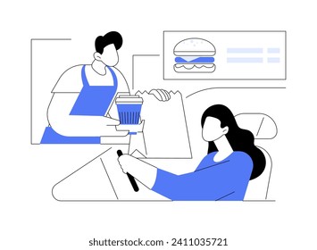 Getting order isolated cartoon vector illustrations. Young woman sitting in car and getting her order from drive in restaurant worker, buying fast food and hot drinks vector cartoon.