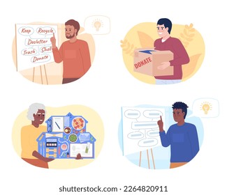 Getting organized flat concept vector spot illustration set. Clear household clutter. Editable 2D cartoon characters on white for web design. Decluttering creative ideas for website, mobile, magazine