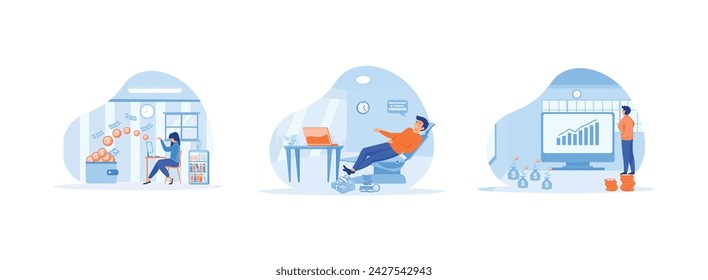 getting paid from online work, Businessman and passive income flat design, Businessman relaxes waiting for the money to enter his dollar coins. Passive income 2 set flat vector modern illustration svg