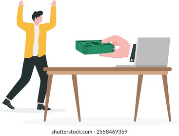 Getting paid, salary, wages payment or bonus, reward or employee benefits, tax refund or investment profit earning, loan or mortgage concept, business man hand giving money banknote to happy employee.