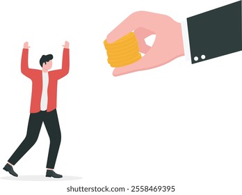 Getting paid, salary, wages payment or bonus, reward or employee benefits, tax refund or investment profit earning, loan or mortgage concept, business man hand giving money dollar to happy employee.
