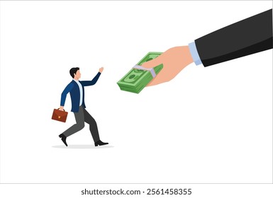 Getting paid, salary, wages payment or bonus, reward or employee benefits, tax refund or investment profit earning, loan or mortgage concept, business man hand giving money banknote to happy employee.