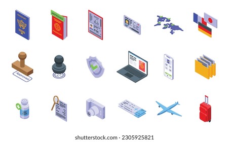 Getting a passport icons set isometric vector. Stamp paper. Doctor mobile