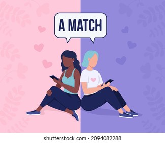 Getting perfect match on dating app flat color vector illustration. Lesbian couple creation. Queer women searching for ideal girlfriend 2D cartoon characters with abstract space on background