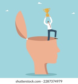 Getting a prize for the work done, a brilliant development strategy for winning in business, intelligence and intuition contribute to achieving goals, a person with a winner's cup in a big human head.