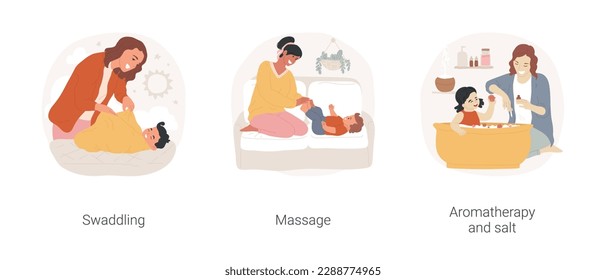 Getting ready for bedtime isolated cartoon vector illustration set. Mother swaddling newborn, massage baby, taking aromatherapy bath before bed, bedtime ritual, sleep hygiene vector cartoon.