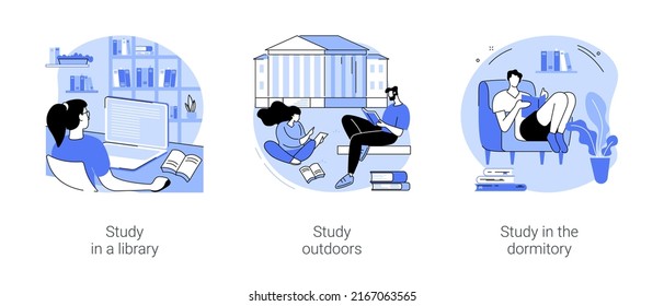 Getting ready for classes isolated cartoon vector illustrations set. Study in a library and outdoors, student preparing for college classes in dormitory room, student lifestyle vector cartoon.