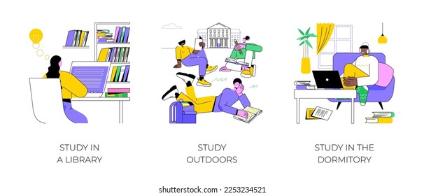 Getting ready for classes isolated cartoon vector illustrations set. Study in a library and outdoors, student preparing for college classes in dormitory room, student lifestyle vector cartoon.