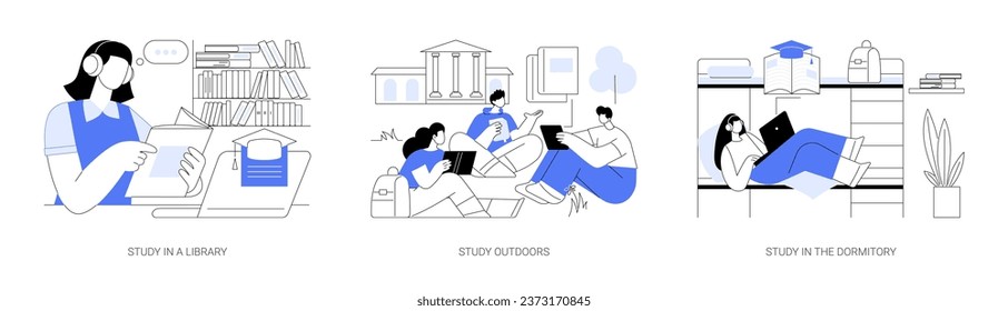 Prepararse para clases aisladas ilustraciones vectoriales de dibujos animados. Estudiar en una biblioteca y al aire libre, el estudiante se prepara para clases universitarias en dormitorios, caricatura vectorial de estilo de vida estudiantil.