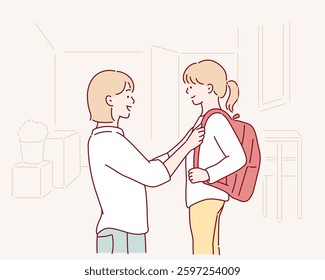 getting ready, morning and a mother with a child for school.Hand drawn style vector design illustrations.