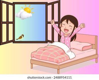 Getting ready in the morning Vector a little girl is wakes up in the Morning while Sun is shining and a little sparrow sitting on the window