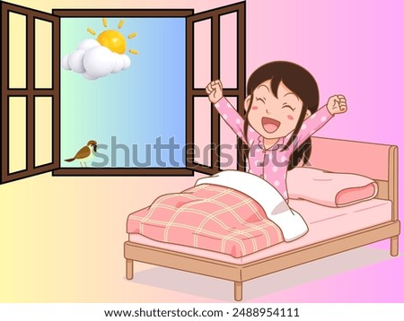 Getting ready in the morning Vector a little girl is wakes up in the Morning while Sun is shining and a little sparrow sitting on the window