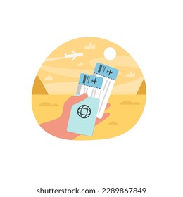 Getting ready for next journey with passport and boarding pass. Time for travel abroad. Adventure tourism and summer vacation trip. Discovering new places. Vector