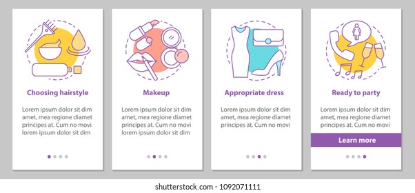 Getting ready for party onboarding mobile app page screen with concepts. Beauty salon steps graphic instructions. Appropriate hairstyle, makeup, dress. UX, UI, GUI vector template with illustrations