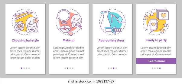 Getting ready for party onboarding mobile app page screen with concepts. Beauty salon steps graphic instructions. Appropriate hairstyle, makeup, dress. UX, UI, GUI vector template with illustrations