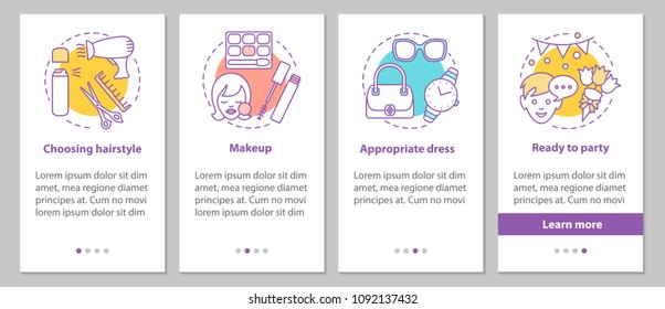 Getting ready for party onboarding mobile app page screen with concepts. Beauty salon steps graphic instructions. Appropriate hairstyle, makeup, dress. UX, UI, GUI vector template with illustrations