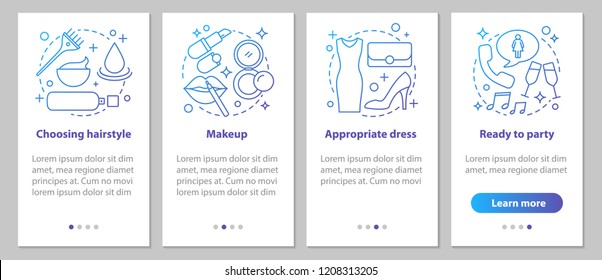 Getting ready for party onboarding mobile app page screen with linear concepts. Beauty salon. Appropriate hairstyle, makeup, dress steps instructions. UX, UI, GUI vector template with illustrations