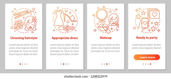 Getting ready for party onboarding mobile app page screen with linear concepts. Beauty salon. Appropriate hairstyle, makeup, dress steps instructions. UX, UI, GUI vector template with illustrations