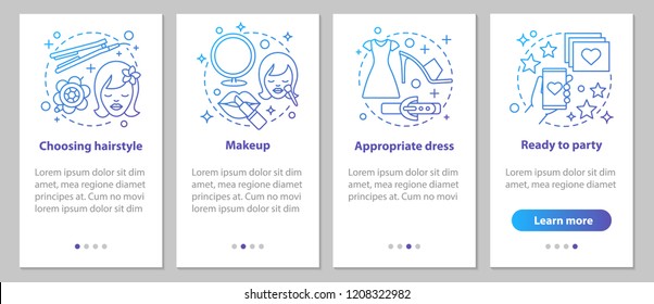 Getting ready for party onboarding mobile app page screen with linear concepts. Beauty salon. Appropriate hairstyle, makeup, dress steps instructions. UX, UI, GUI vector template with illustrations