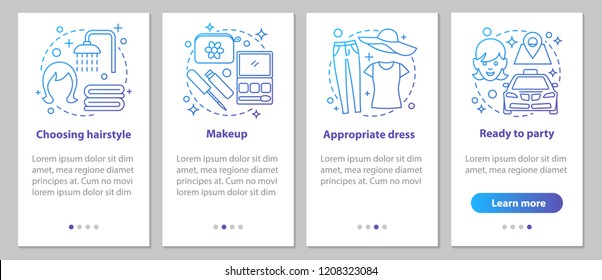 Getting ready for party onboarding mobile app page screen with linear concepts. Beauty salon. Appropriate hairstyle, makeup, dress steps instructions. UX, UI, GUI vector template with illustrations