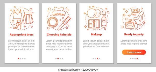 Getting ready for party onboarding mobile app page screen with linear concepts. Beauty salon. Appropriate hairstyle, makeup, dress steps instructions. UX, UI, GUI vector template with illustrations