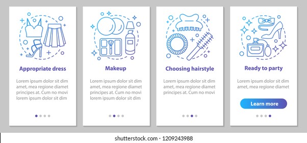 Getting ready for party onboarding mobile app page screen with linear concepts. Beauty salon. Appropriate hairstyle, makeup, dress steps instructions. UX, UI, GUI vector template with illustrations
