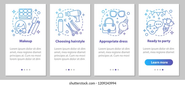 Getting ready for party onboarding mobile app page screen with linear concepts. Beauty salon. Appropriate hairstyle, makeup, dress steps instructions. UX, UI, GUI vector template with illustrations