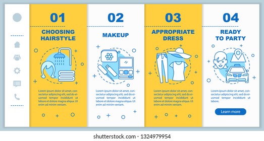 Getting ready for party onboarding mobile web pages vector template. Responsive smartphone interface idea with linear illustrations. Beauty salon webpage walkthrough step screens. Appropriate makeup