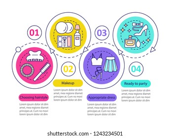 Getting ready for party vector infographic template. Beauty salon. Appropriate hairstyle, makeup, dress. Data visualization with four steps. Process timeline chart. Workflow layout with linear icons