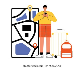 Getting ready for a road trip with transportation booked via smartphone, vector illustration.