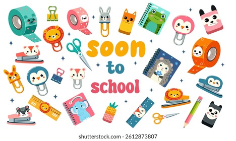 Getting ready for school sticker set. Back to school background poster card. School sale tag. Flat vector illustration style. Hand drawn lettering school badge collection. 