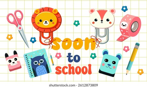 Getting ready for school sticker set. Back to school background poster card. School sale tag. Flat vector illustration style. Hand drawn lettering school badge collection. 
