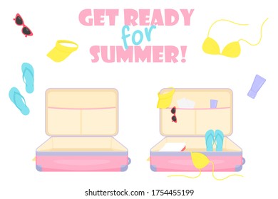 Getting ready for summer vacation. Empty and packed women's suitcase. Trip packing and preparation concept. Vector travel bag, bikini, flip flops, glasses and visor cap isolated on white background