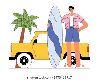 Getting ready to surf on the beach after a fun road trip, vector illustration.