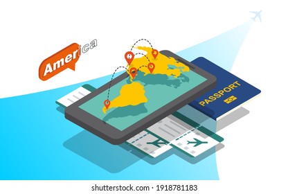 Getting ready for travelling to America. Planning an American tour on a smartphone. Trip planning, touristic concept. Isometric vector illustration.